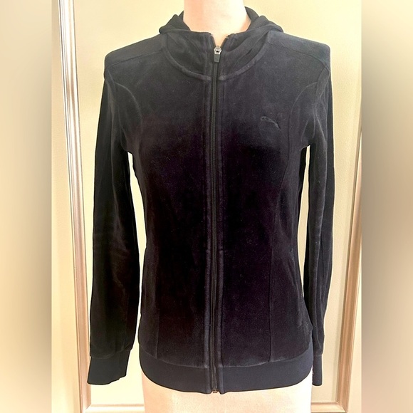 Puma Black Velour Zip Up Hoodie Jacket Fitted Y2K Logo Women’s Size XS - Picture 1 of 5